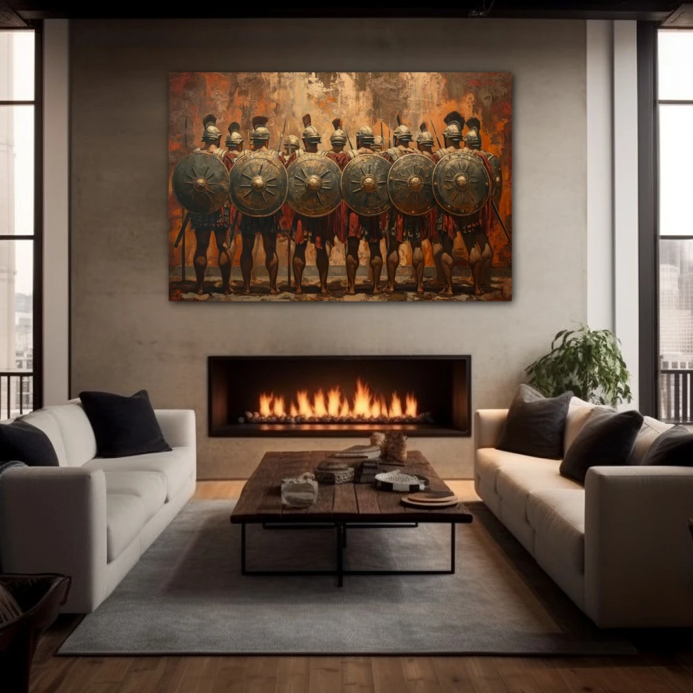 Wall Art titled: Guardians of Duty in a Horizontal format with: Brown, and Monochromatic Colors; Decoration the Fireplace wall