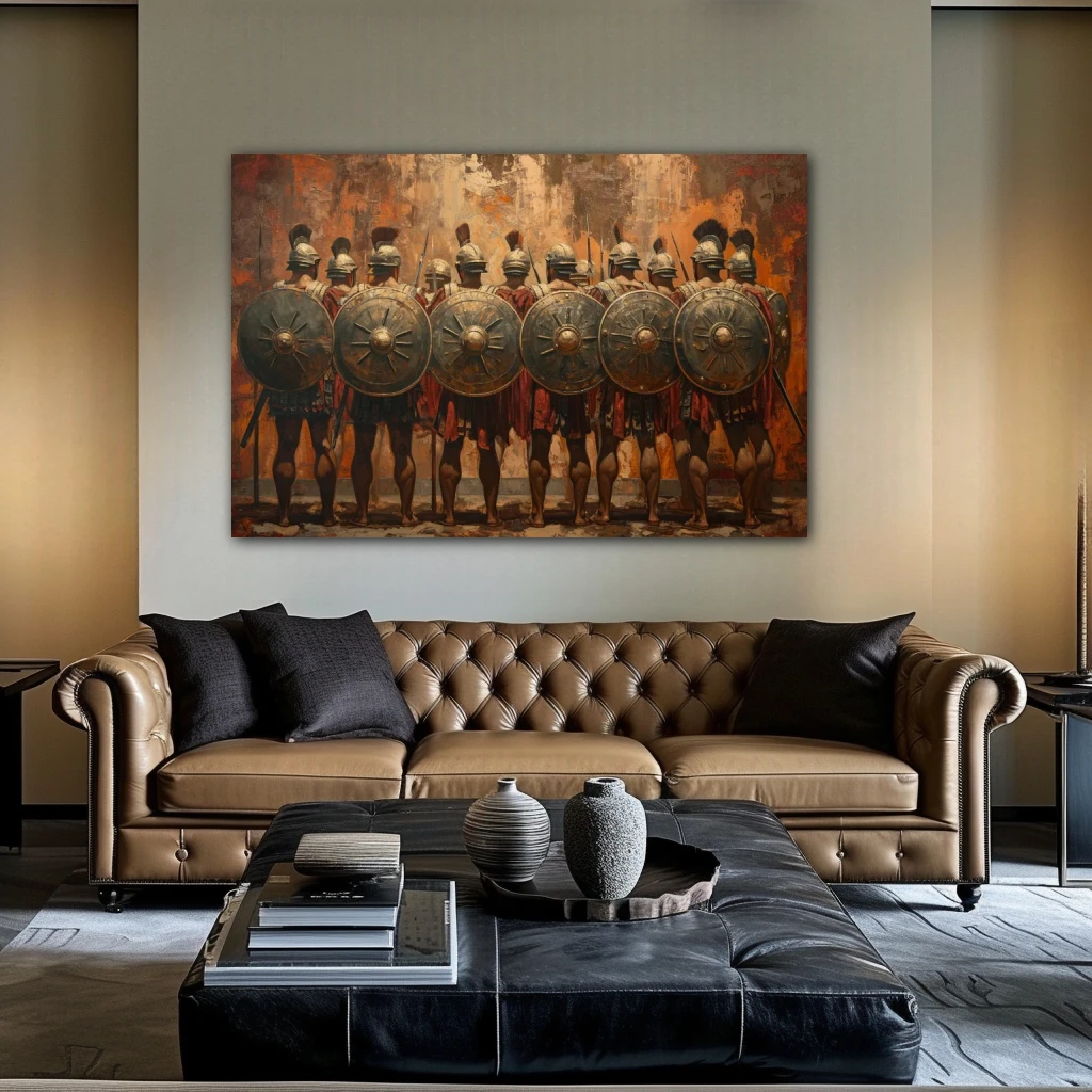 Wall Art titled: Guardians of Duty in a Horizontal format with: Brown, and Monochromatic Colors; Decoration the Above Couch wall