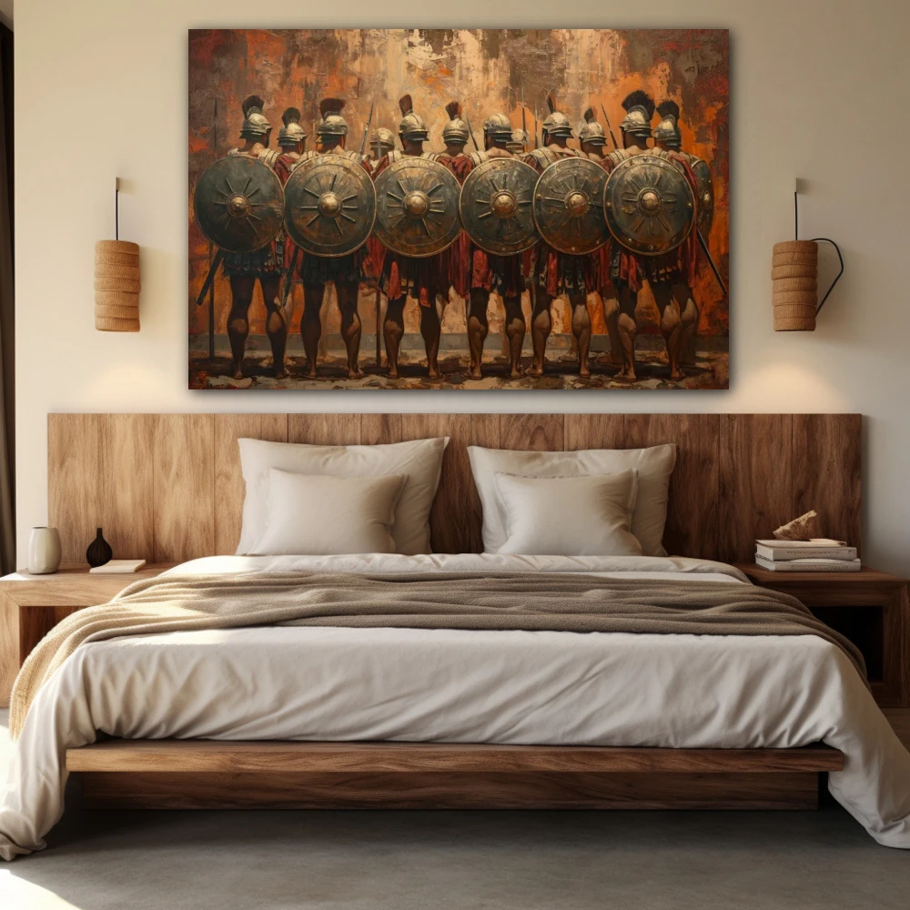 Cuadro custodios del deber en formato horizontal con colores marrón, monocromático; decorando pared de habitación dormitorio