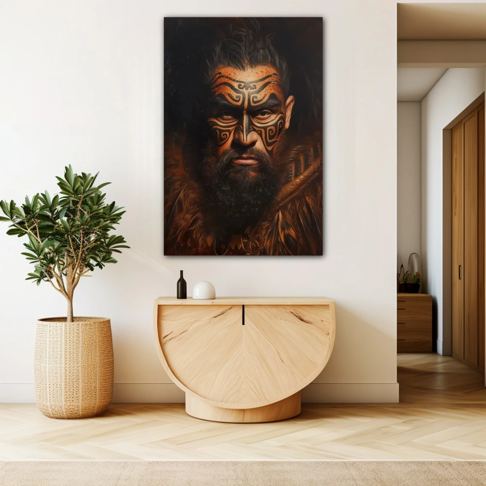 Cuadro retrato de guerrero maorí en formato vertical con colores marrón, negro; decorando pared beige
