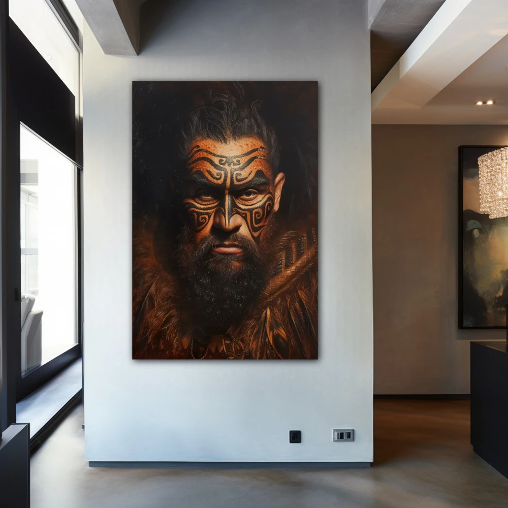 Cuadro retrato de guerrero maorí en formato vertical con colores marrón, negro; decorando pared de entrada y recibidor
