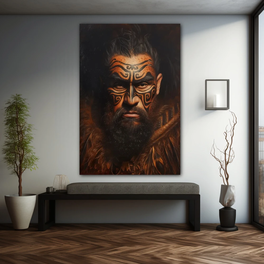 Cuadro retrato de guerrero maorí en formato vertical con colores marrón, negro; decorando pared gris