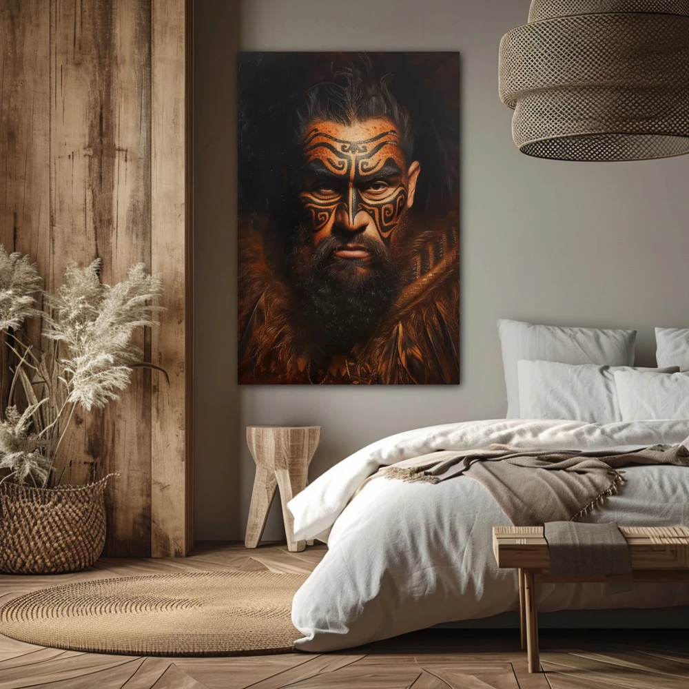 Cuadro retrato de guerrero maorí en formato vertical con colores marrón, negro; decorando pared de habitación dormitorio