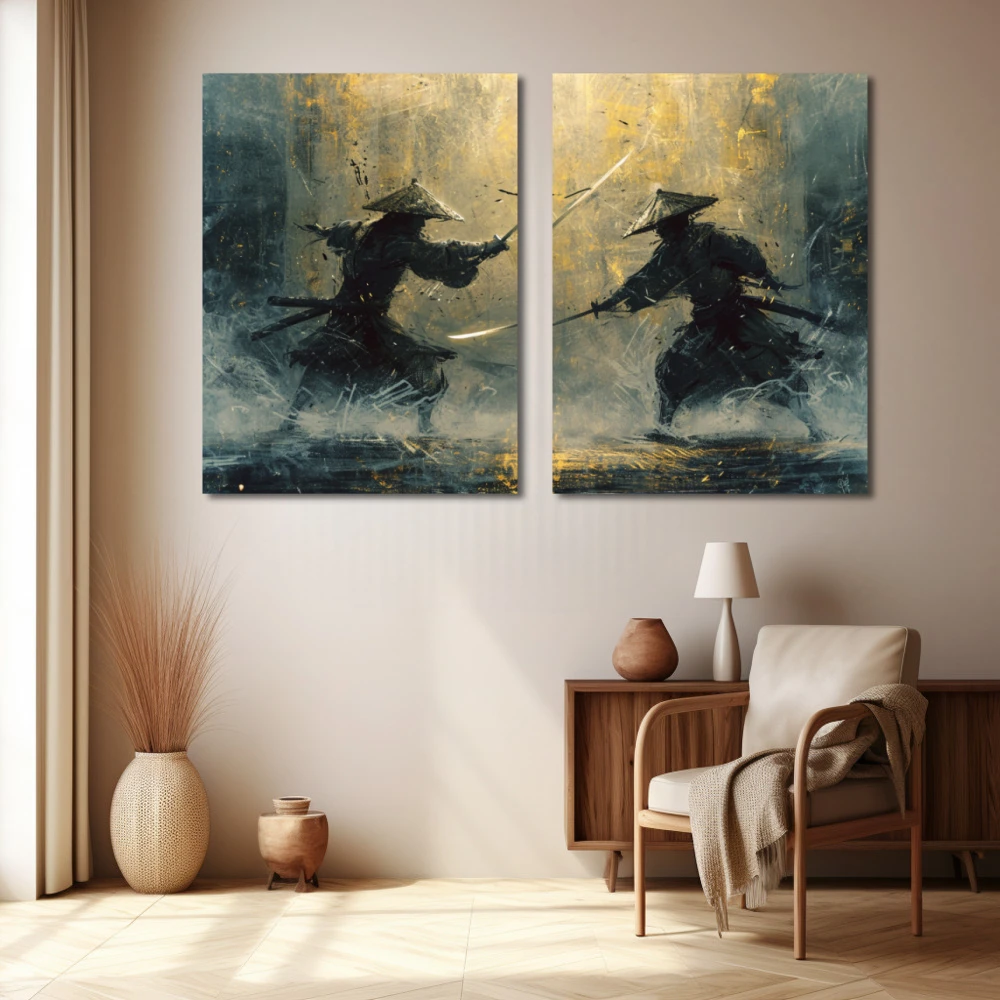 Wall Art titled: Samurai Twilight in a Horizontal format with: Yellow, and Blue Colors; Decoration the Beige Wall wall