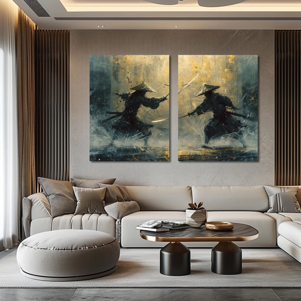 Wall Art titled: Samurai Twilight in a Horizontal format with: Yellow, and Blue Colors; Decoration the Above Couch wall