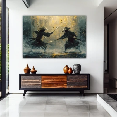 Wall Art titled: Samurai Twilight in a  format with: Yellow, and Blue Colors; Decoration the Entryway wall