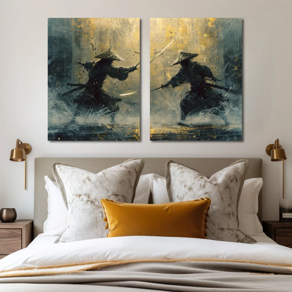 Wall Art titled: Samurai Twilight in a Horizontal format with: Yellow, and Blue Colors; Decoration the Bedroom wall