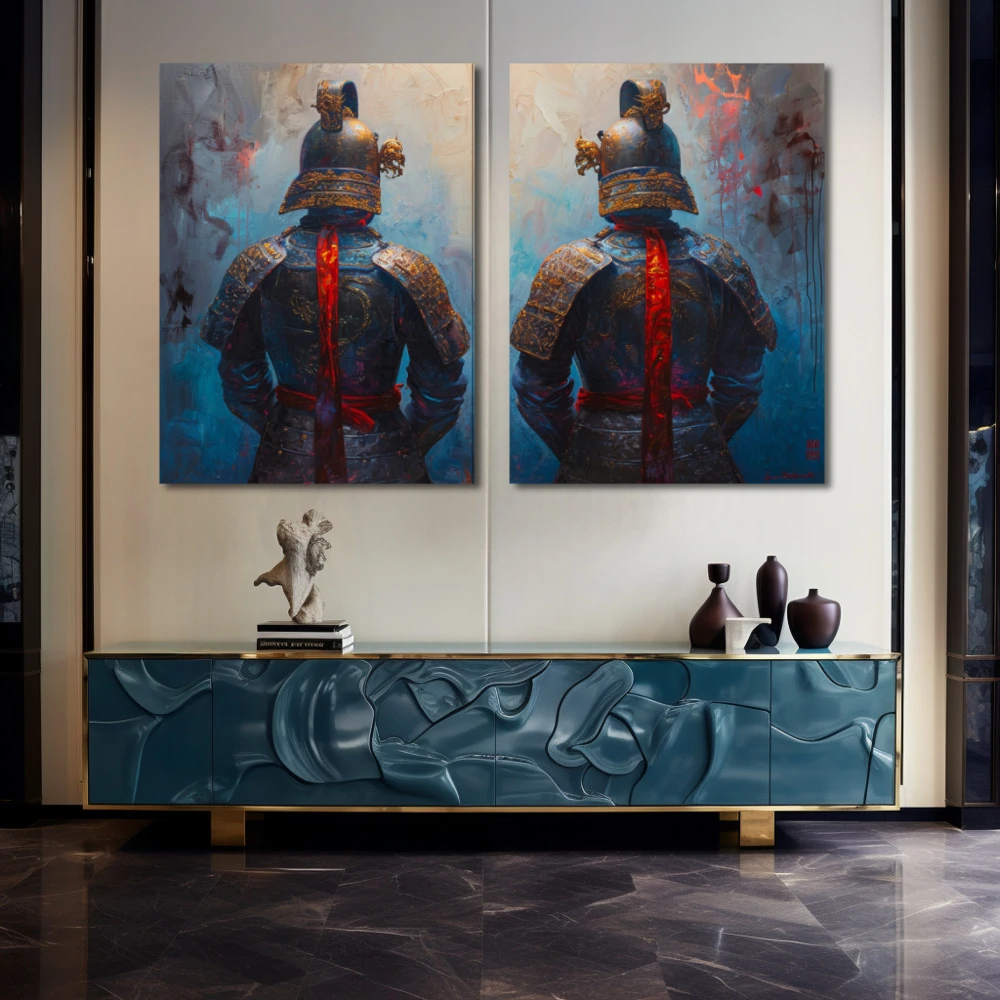 Cuadro eternos guardianes en formato díptico con colores azul, celeste, rojo; decorando pared de aparador