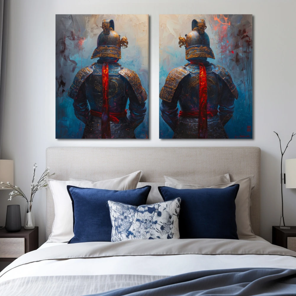 Cuadro eternos guardianes en formato díptico con colores azul, celeste, rojo; decorando pared de habitación dormitorio