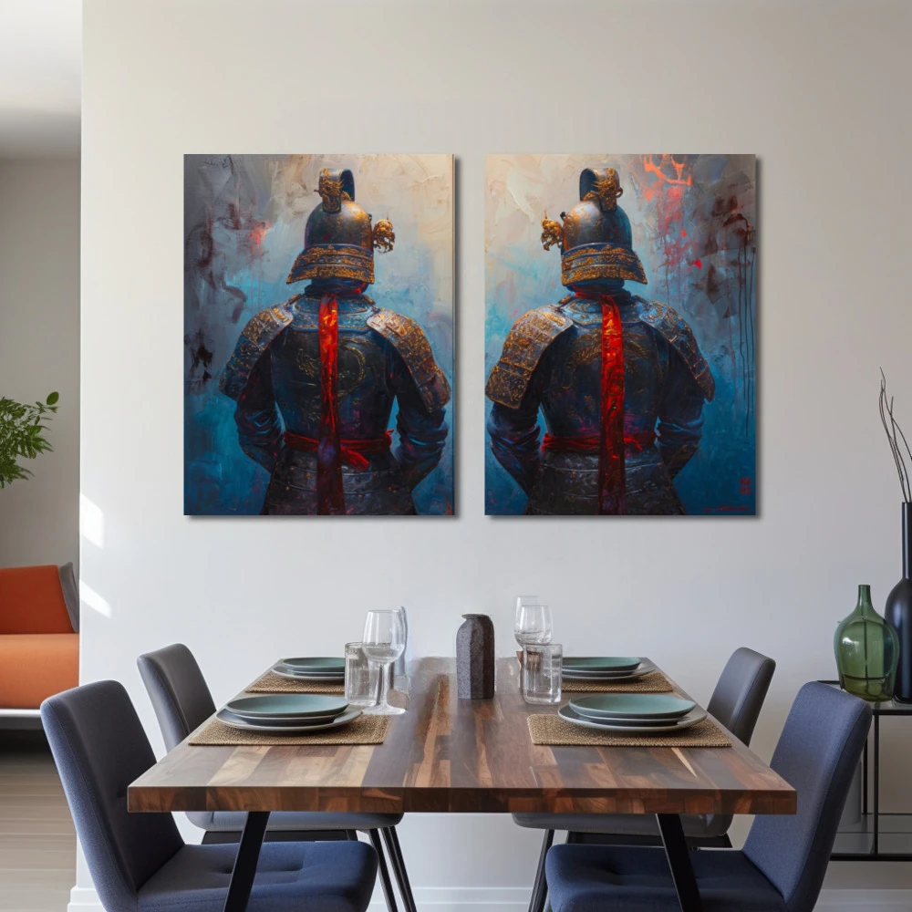 Cuadro eternos guardianes en formato díptico con colores azul, celeste, rojo; decorando pared de salón comedor