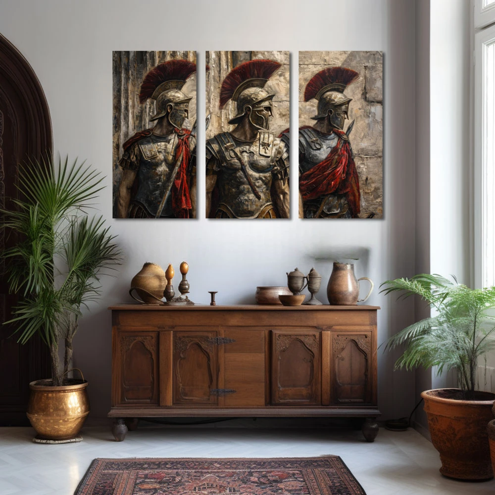 Cuadro legión de los inmortales en formato tríptico con colores dorado, marrón, rojo; decorando pared de aparador