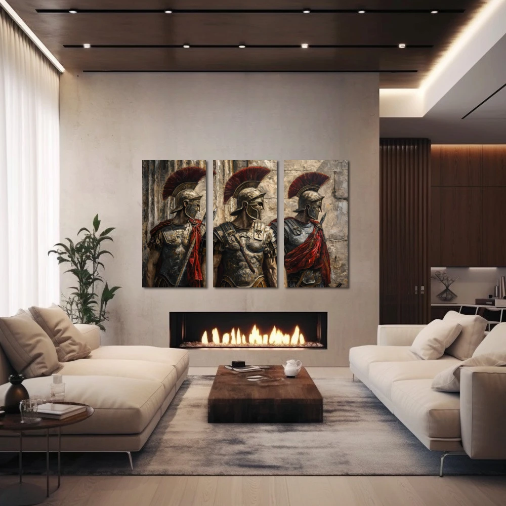 Wall Art titled: Legion of the Immortals in a Horizontal format with: Golden, Brown, and Red Colors; Decoration the Fireplace wall
