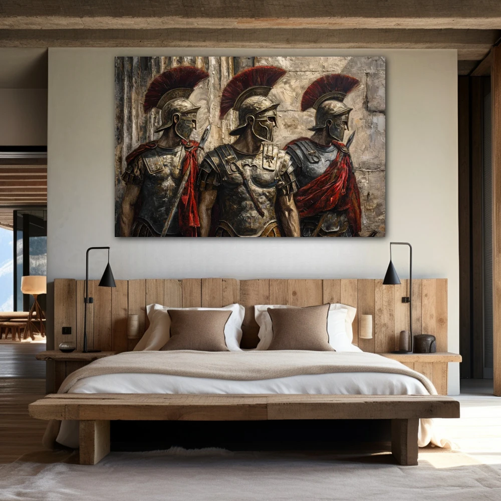 Cuadro legión de los inmortales en formato horizontal con colores dorado, marrón, rojo; decorando pared de habitación dormitorio