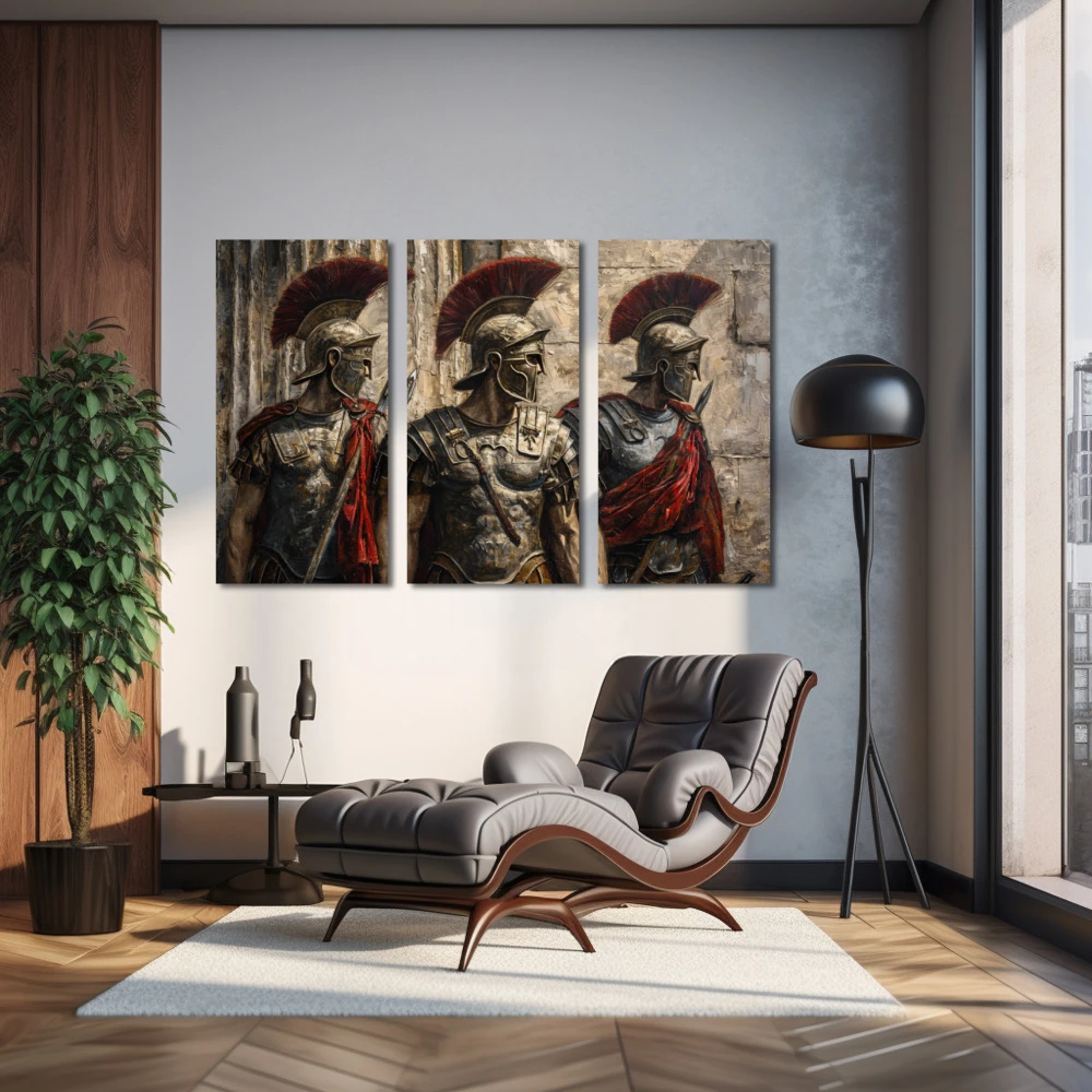 Cuadro legión de los inmortales en formato tríptico con colores dorado, marrón, rojo; decorando pared de salón comedor