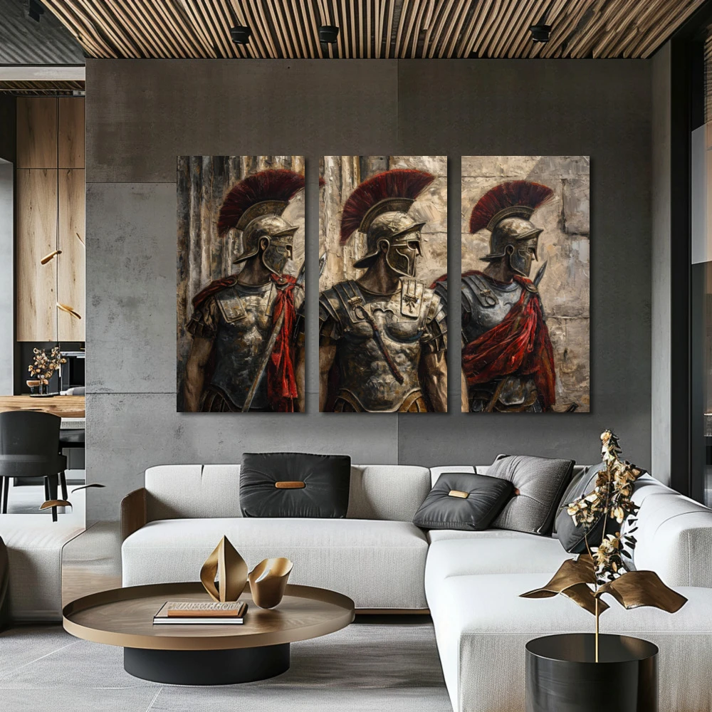 Cuadro legión de los inmortales en formato tríptico con colores dorado, marrón, rojo; decorando pared de salón comedor