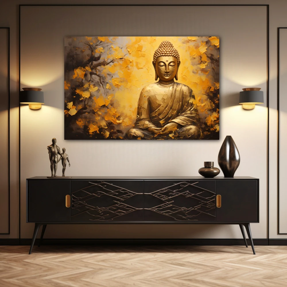 Cuadro sabiduría serena en formato horizontal con colores amarillo, dorado, mostaza; decorando pared de aparador