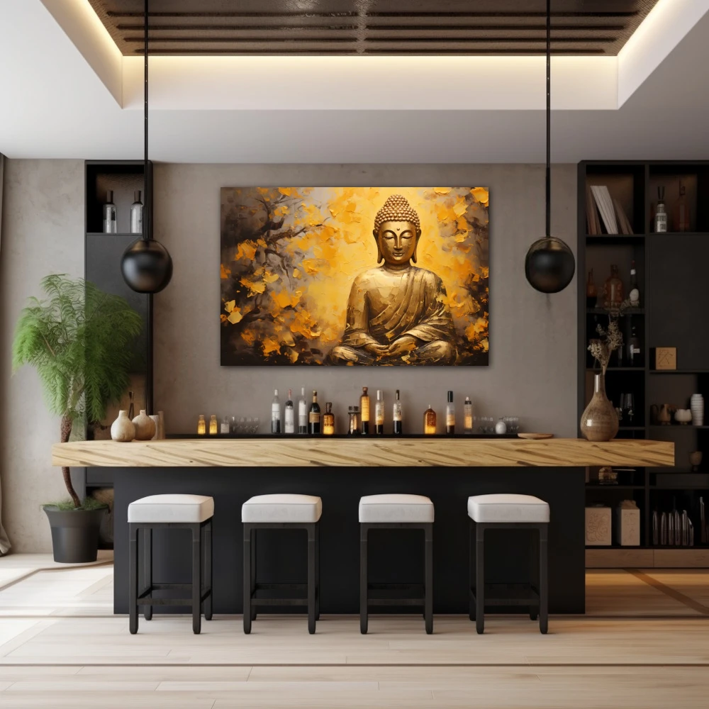 Wall Art titled: Serene Wisdom in a Horizontal format with: Yellow, Golden, and Mustard Colors; Decoration the Bar wall