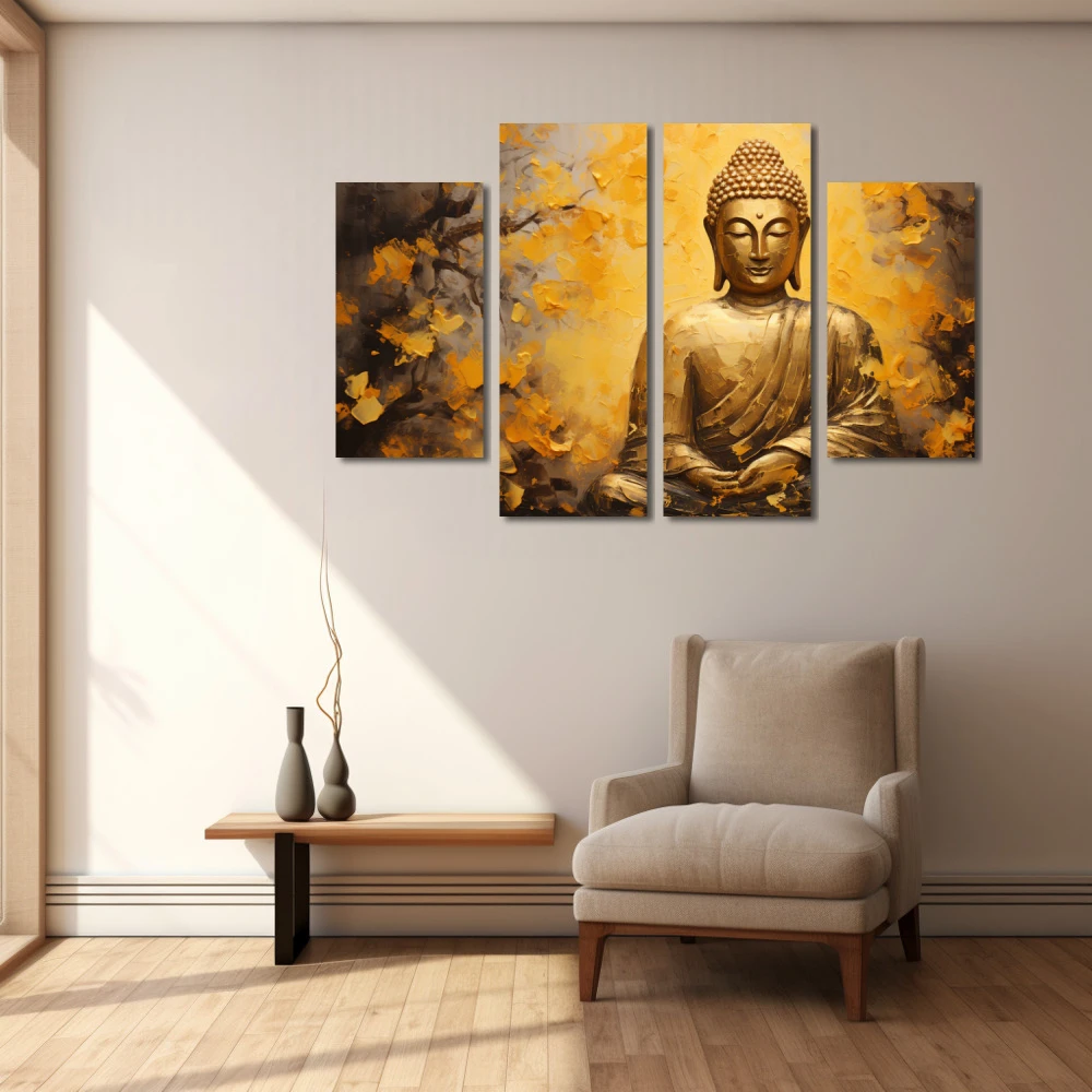 Cuadro sabiduría serena en formato políptico con colores amarillo, dorado, mostaza; decorando pared beige