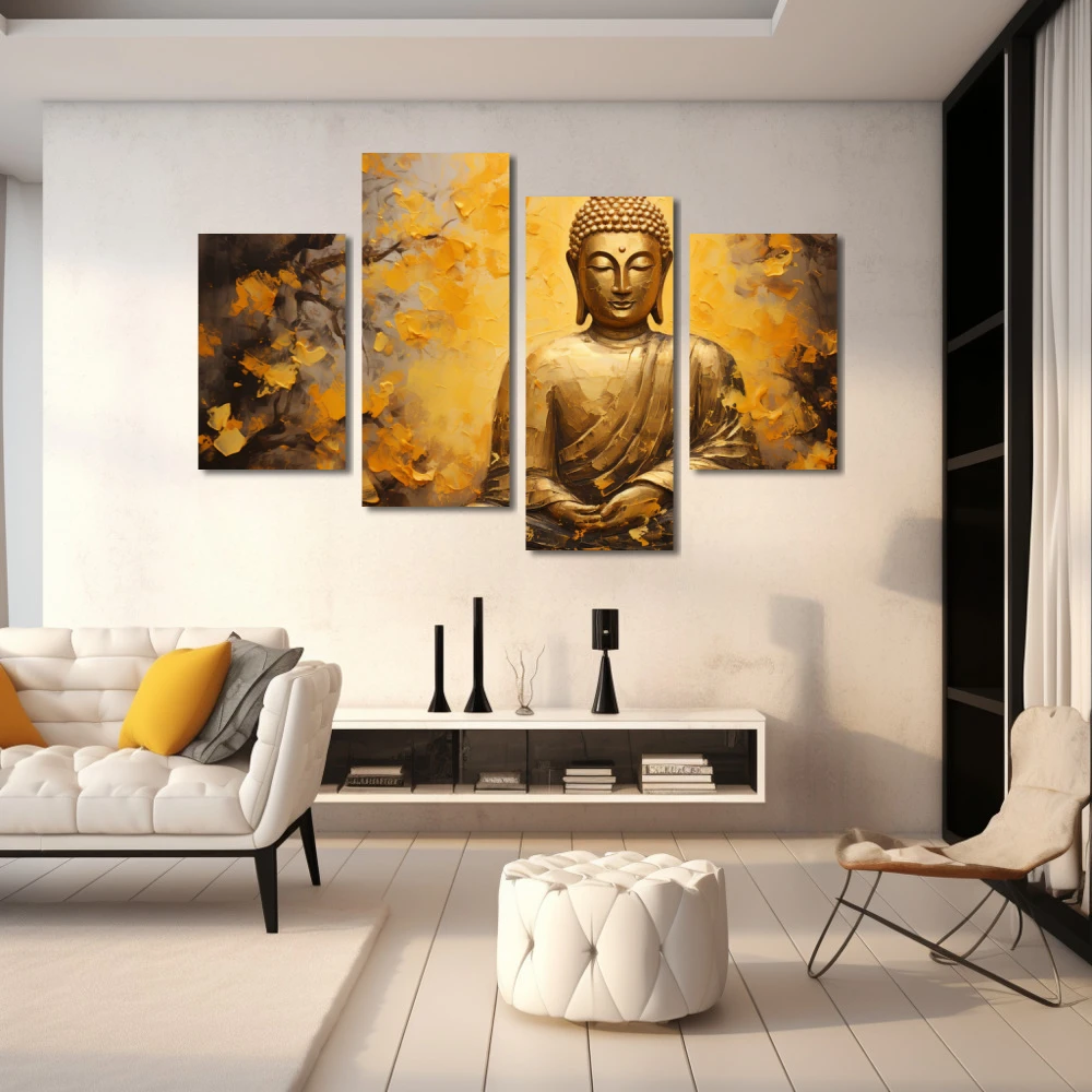 Wall Art titled: Serene Wisdom in a Horizontal format with: Yellow, Golden, and Mustard Colors; Decoration the White Wall wall