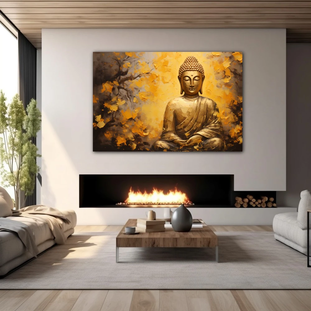 Wall Art titled: Serene Wisdom in a Horizontal format with: Yellow, Golden, and Mustard Colors; Decoration the Fireplace wall