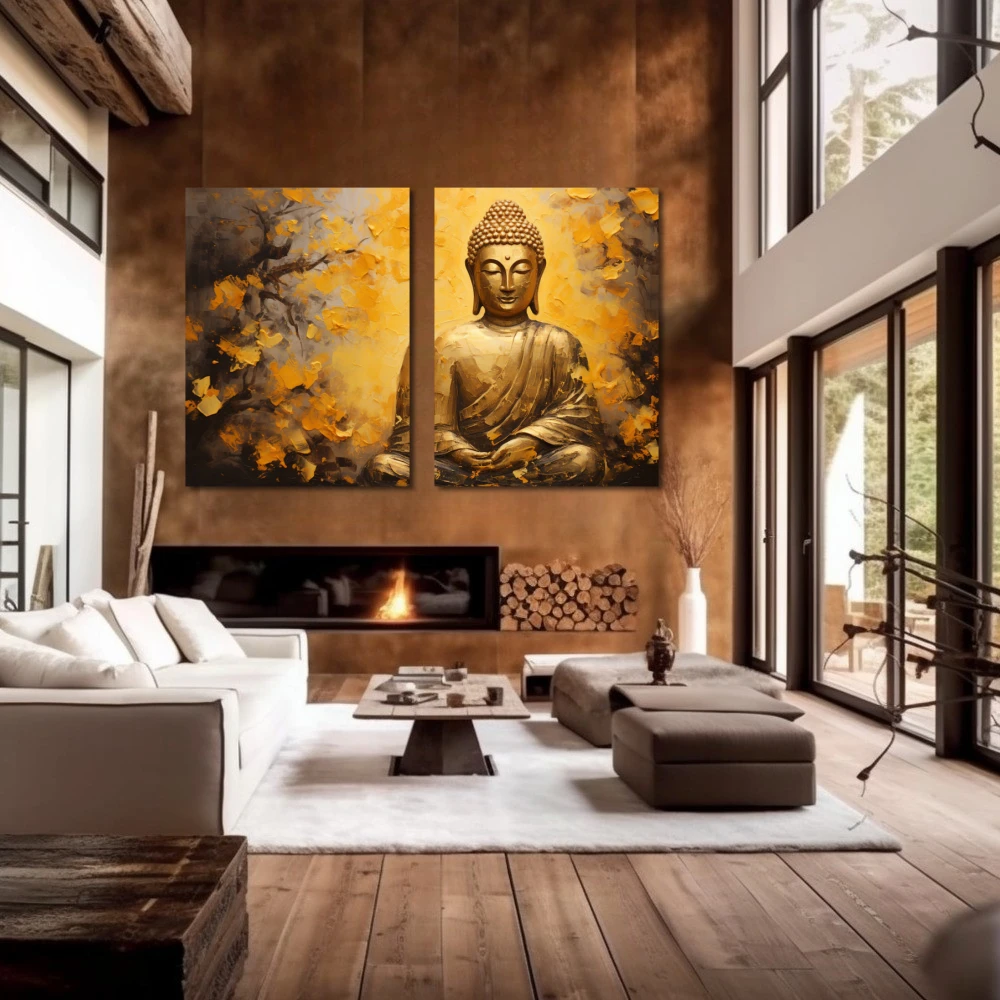 Wall Art titled: Serene Wisdom in a Horizontal format with: Yellow, Golden, and Mustard Colors; Decoration the Fireplace wall