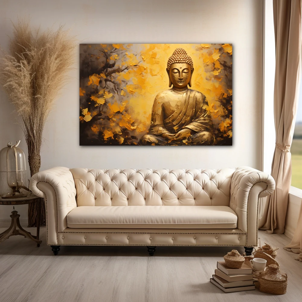 Cuadro sabiduría serena en formato horizontal con colores amarillo, dorado, mostaza; decorando pared de encima del sofá