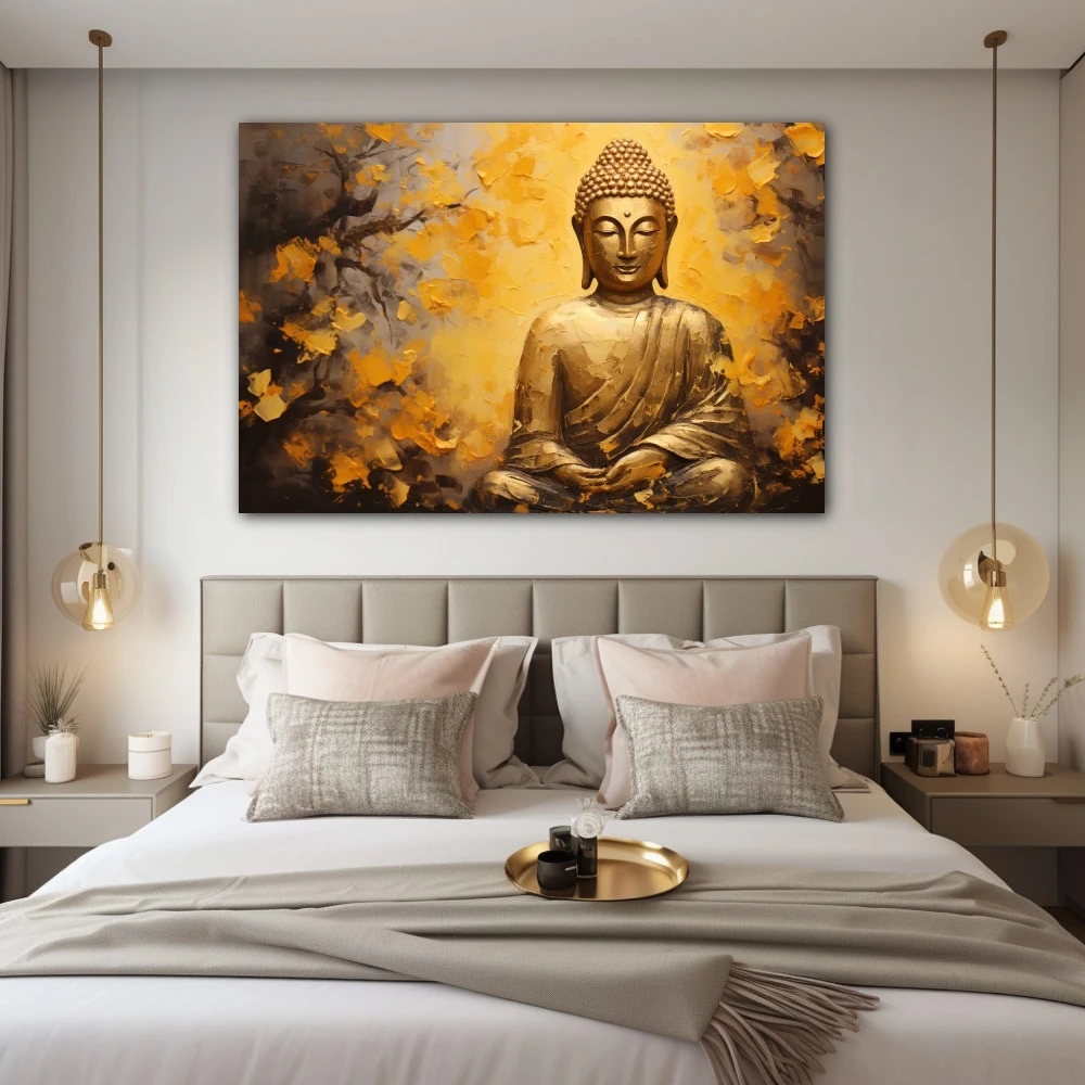 Cuadro sabiduría serena en formato horizontal con colores amarillo, dorado, mostaza; decorando pared de habitación dormitorio