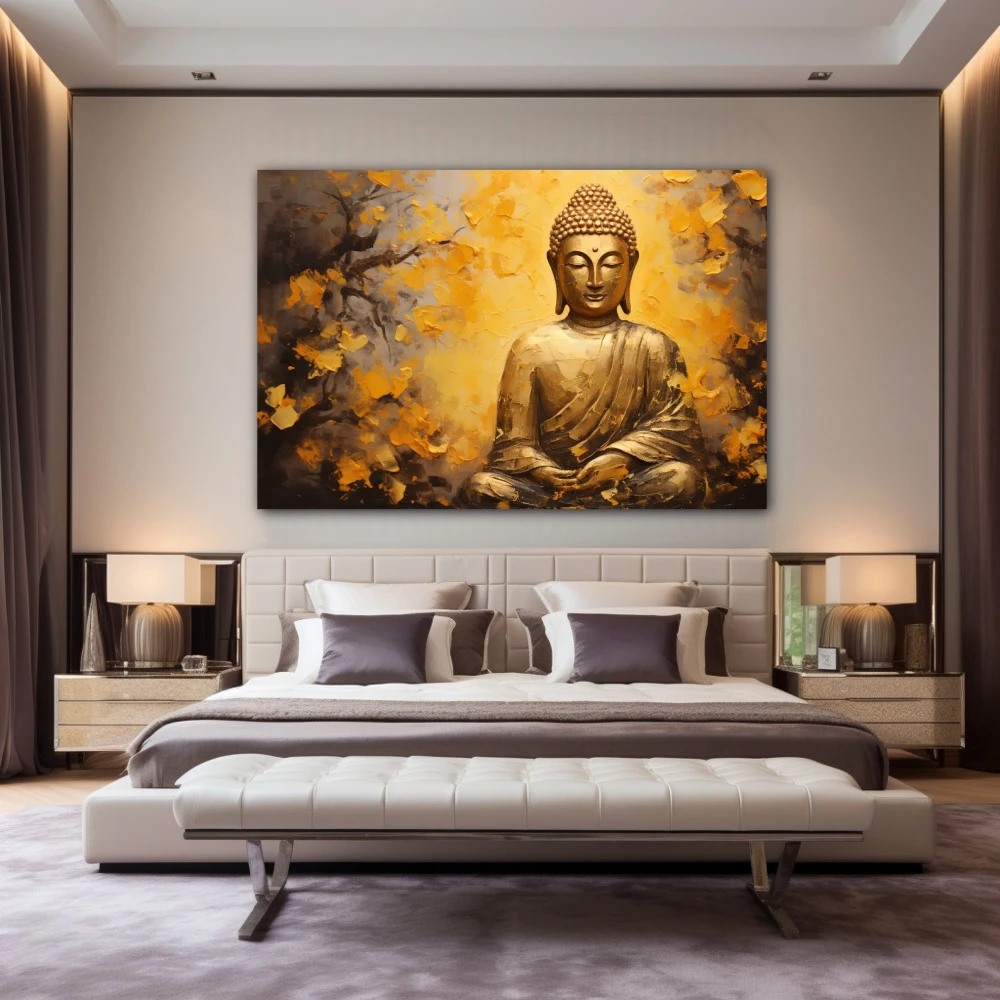 Cuadro sabiduría serena en formato horizontal con colores amarillo, dorado, mostaza; decorando pared de habitación dormitorio