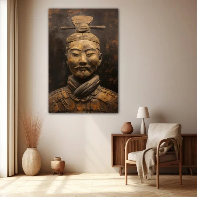 Wall Art titled: Terracotta Specter in a Vertical format with: Golden, and Brown Colors; Decoration the Beige Wall wall