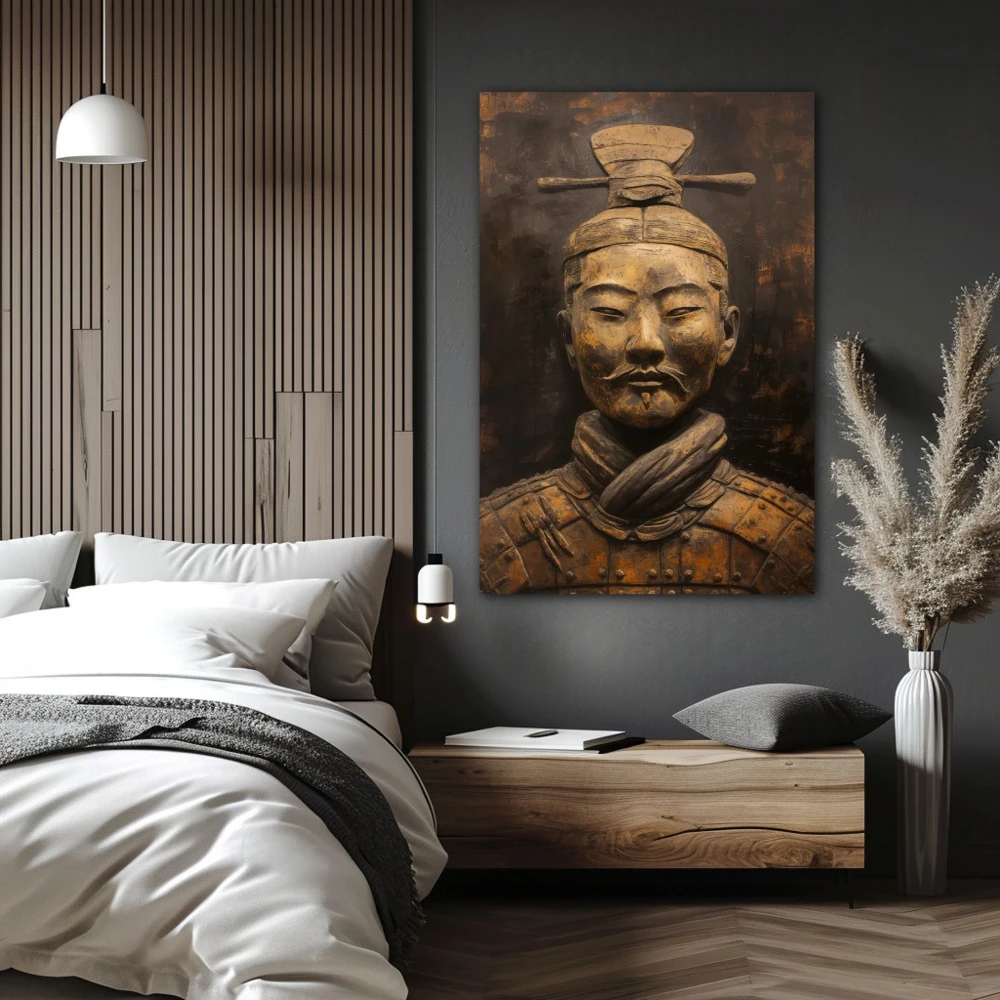 Wall Art titled: Terracotta Specter in a Vertical format with: Golden, and Brown Colors; Decoration the Bedroom wall