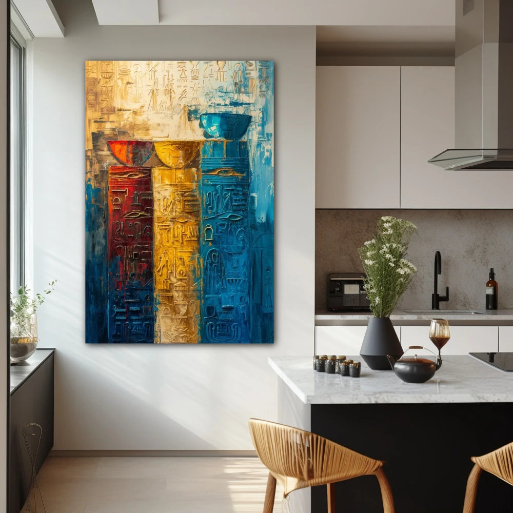 Cuadro hieróglifos de historia en formato vertical con colores azul, celeste, mostaza, rojo; decorando pared de cocina