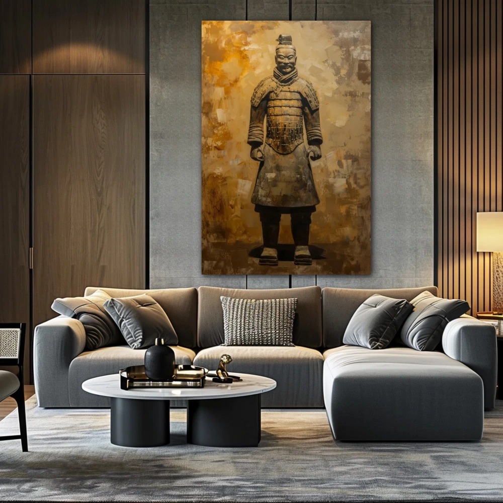 Wall Art titled: Golden Sentinel in a Vertical format with: Golden, and Brown Colors; Decoration the Above Couch wall