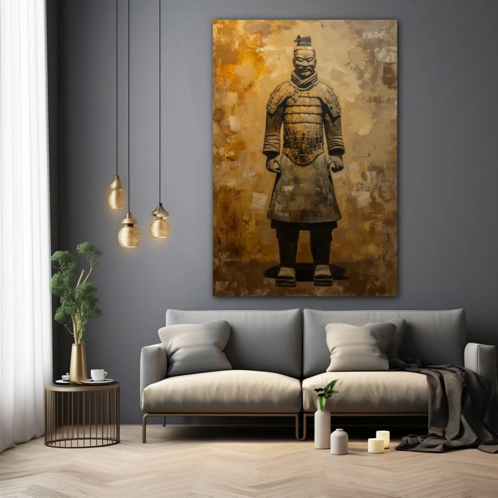 Wall Art titled: Golden Sentinel in a Vertical format with: Golden, and Brown Colors; Decoration the Grey Walls wall