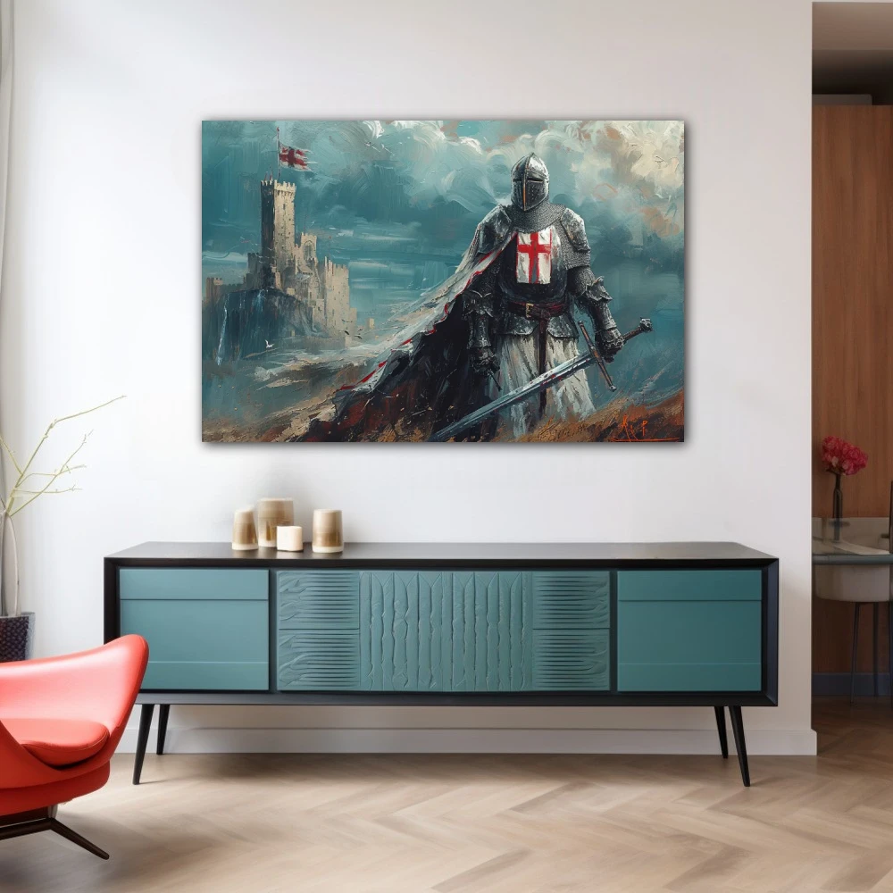 Wall Art titled: Before the Last Battle in a Horizontal format with: Blue, Grey, and Red Colors; Decoration the Sideboard wall