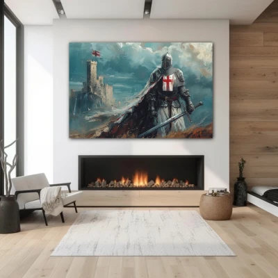 Wall Art titled: Before the Last Battle in a Horizontal format with: Blue, Grey, and Red Colors; Decoration the Fireplace wall