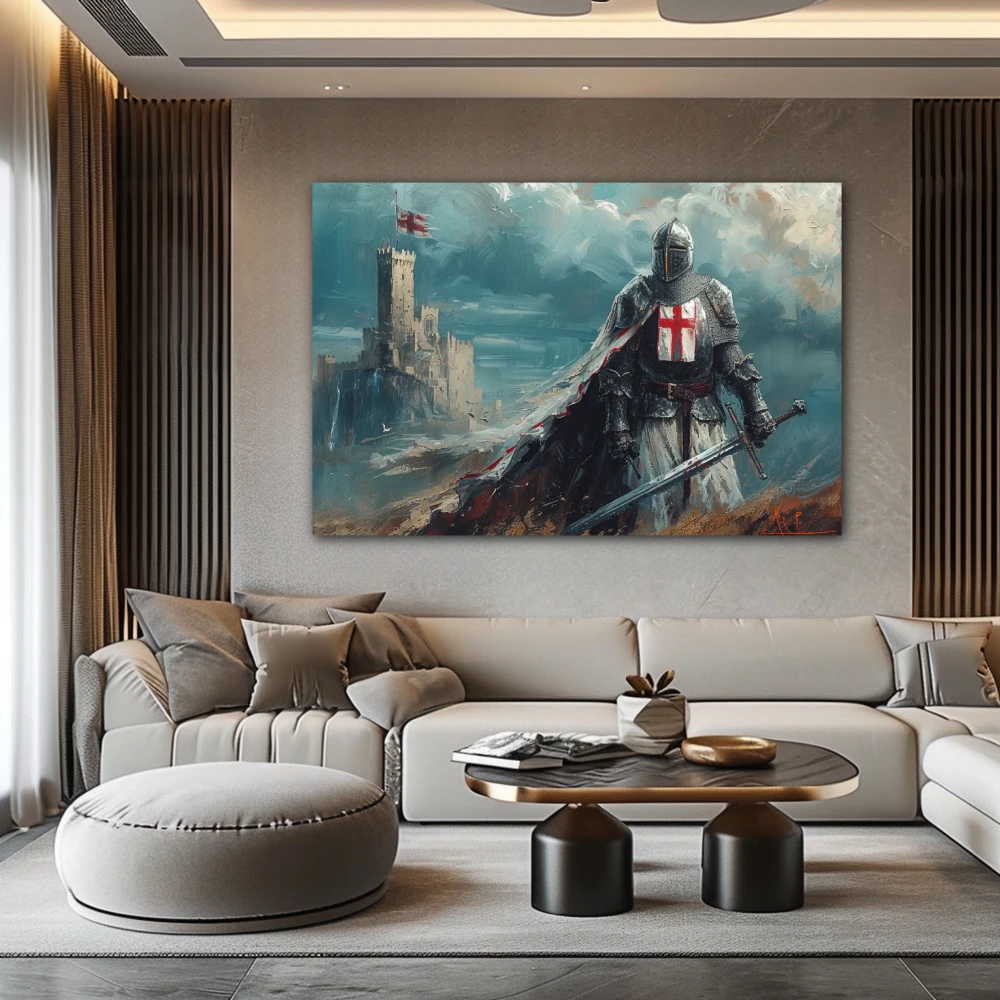 Wall Art titled: Before the Last Battle in a Horizontal format with: Blue, Grey, and Red Colors; Decoration the Above Couch wall