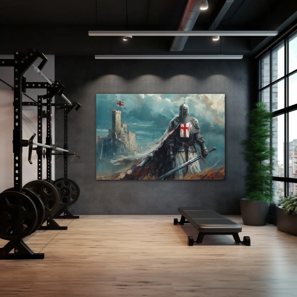 Wall Art titled: Before the Last Battle in a Horizontal format with: Blue, Grey, and Red Colors; Decoration the Gym wall
