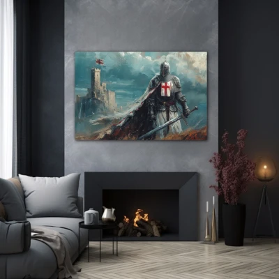 Wall Art titled: Before the Last Battle in a Horizontal format with: Blue, Grey, and Red Colors; Decoration the Grey Walls wall