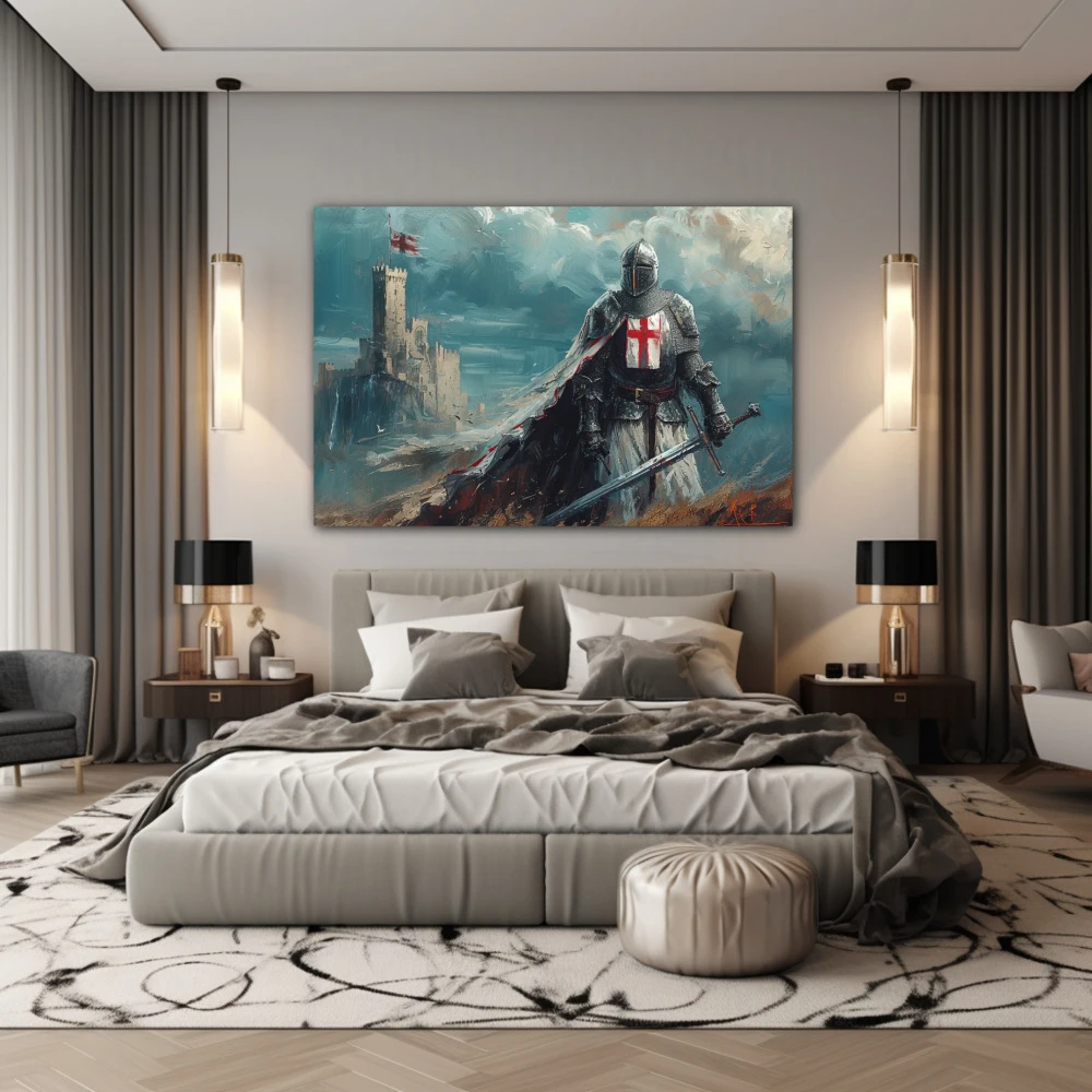 Wall Art titled: Before the Last Battle in a Horizontal format with: Blue, Grey, and Red Colors; Decoration the Bedroom wall