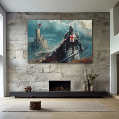 Wall Art titled: Before the Last Battle in a Horizontal format with: Blue, Grey, and Red Colors; Decoration the Stone Walls wall