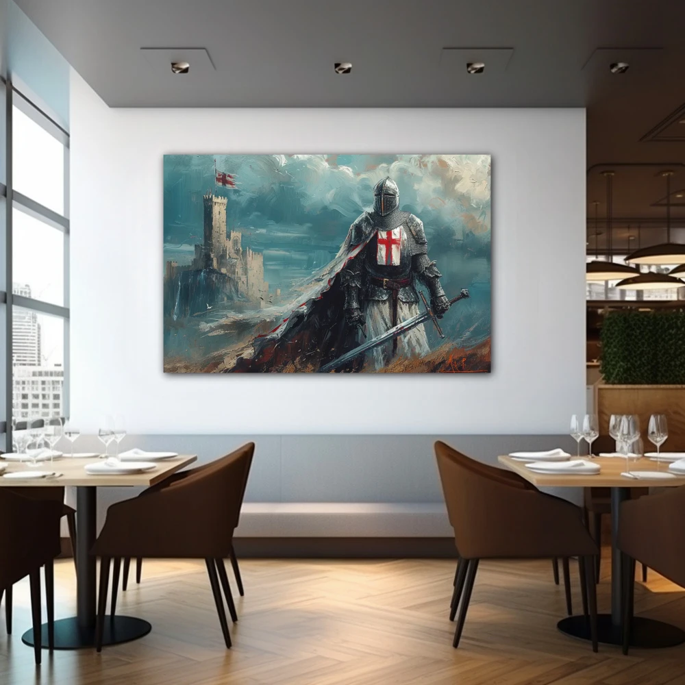 Wall Art titled: Before the Last Battle in a Horizontal format with: Blue, Grey, and Red Colors; Decoration the Restaurant wall