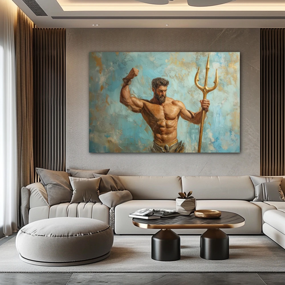 Wall Art titled: Pride of Poseidon in a Horizontal format with: Golden, Brown, and Turquoise Colors; Decoration the Above Couch wall