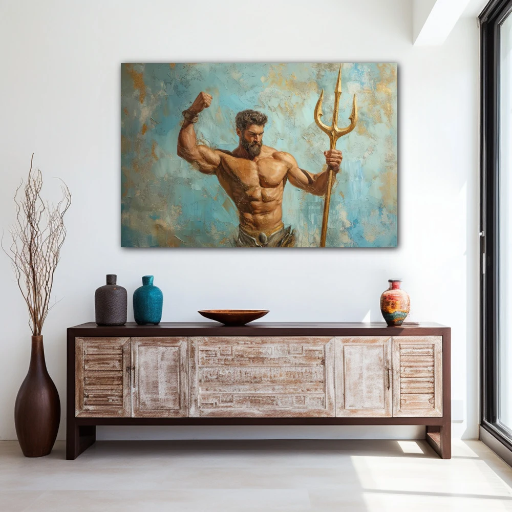 Wall Art titled: Pride of Poseidon in a Horizontal format with: Golden, Brown, and Turquoise Colors; Decoration the Entryway wall