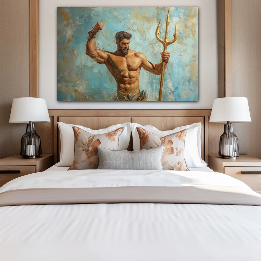 Cuadro orgullo de poseidón en formato horizontal con colores dorado, marrón, turquesa; decorando pared de habitación dormitorio