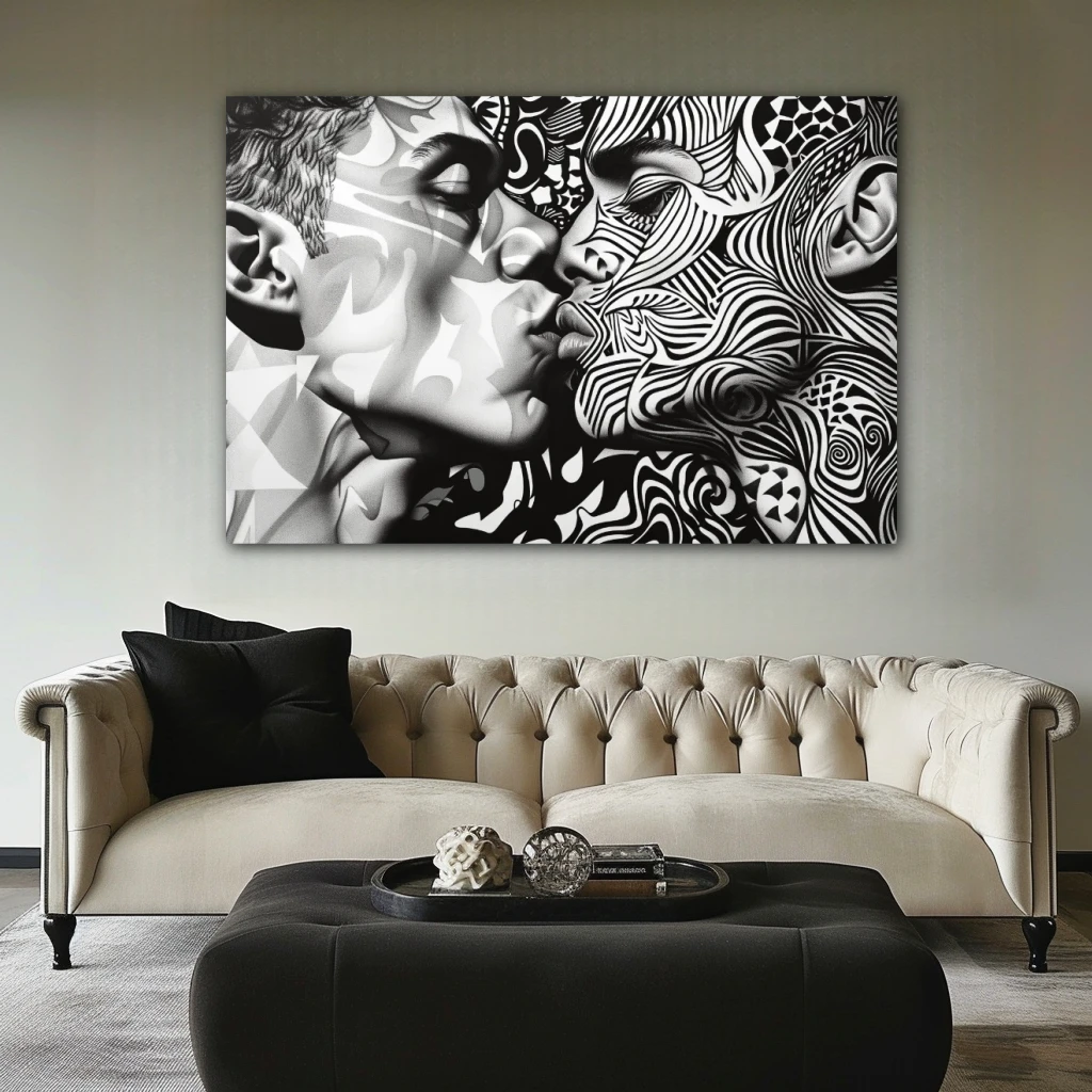 Cuadro laberinto de pasiones en formato horizontal con colores blanco y negro, monocromático; decorando pared de encima del sofá