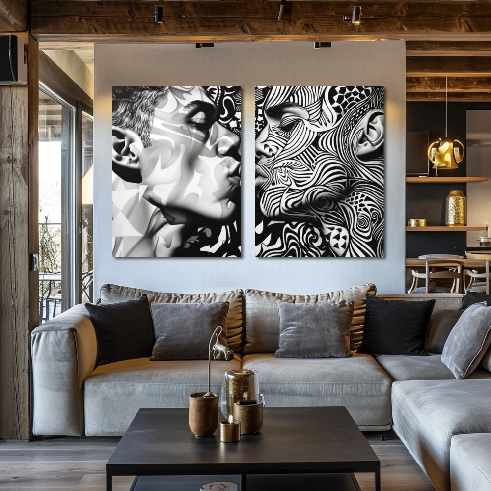 Cuadro laberinto de pasiones en formato díptico con colores blanco y negro, monocromático; decorando pared de encima del sofá