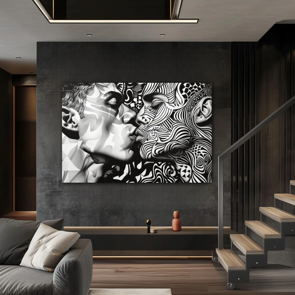 Cuadro laberinto de pasiones en formato horizontal con colores blanco y negro, monocromático; decorando pared de escalera