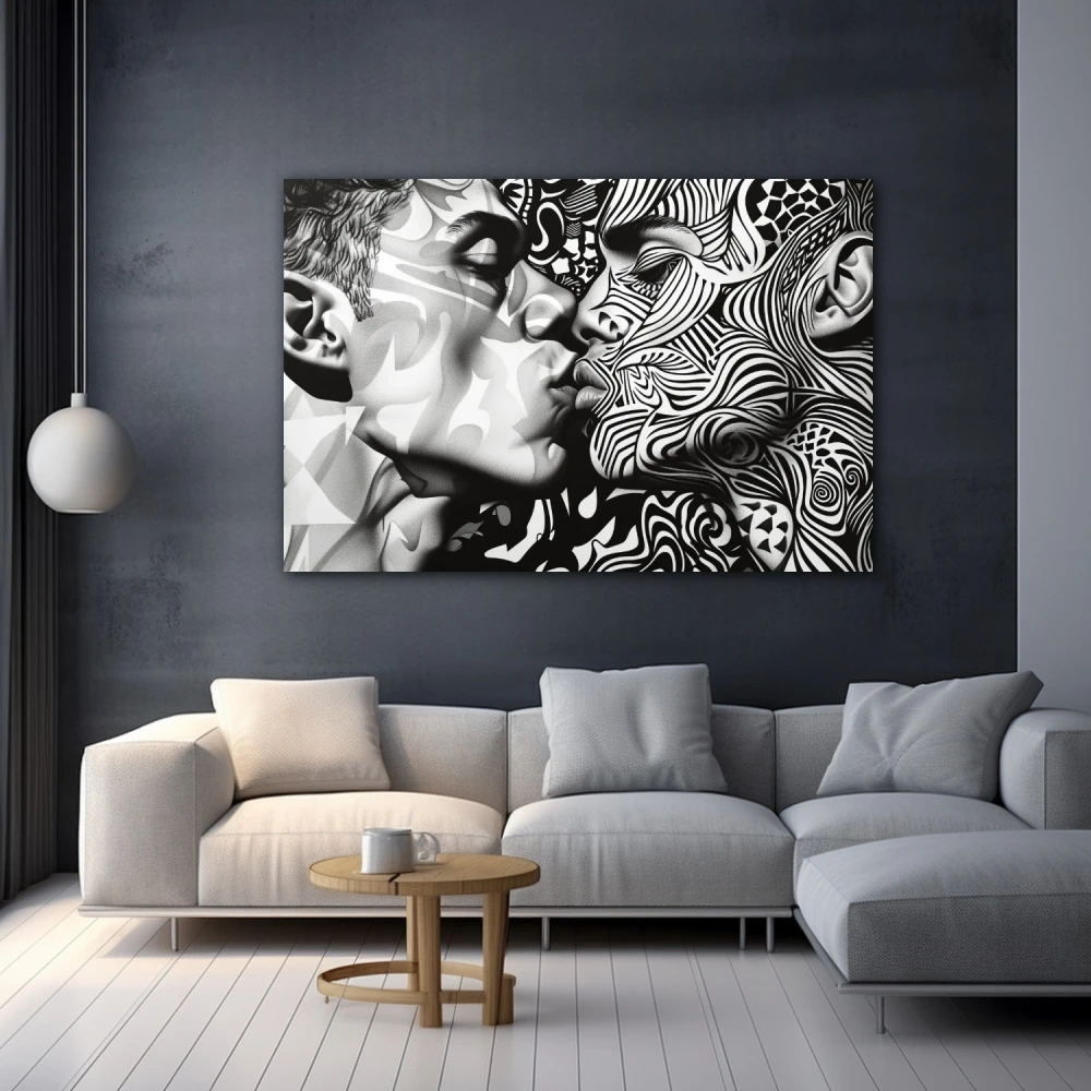 Cuadro laberinto de pasiones en formato horizontal con colores blanco y negro, monocromático; decorando pared gris