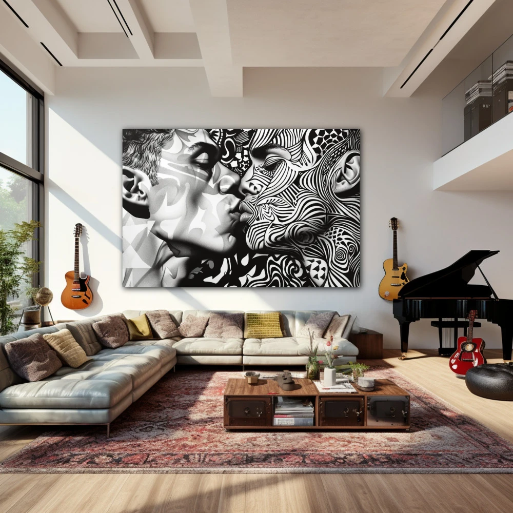 Wall Art titled: Labyrinth of Passions in a Horizontal format with: Black and White, and Monochromatic Colors; Decoration the Living Room wall