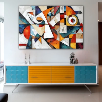Wall Art titled: Fragmented Harmony in a  format with: white, Orange, and Vivid Colors; Decoration the Sideboard wall